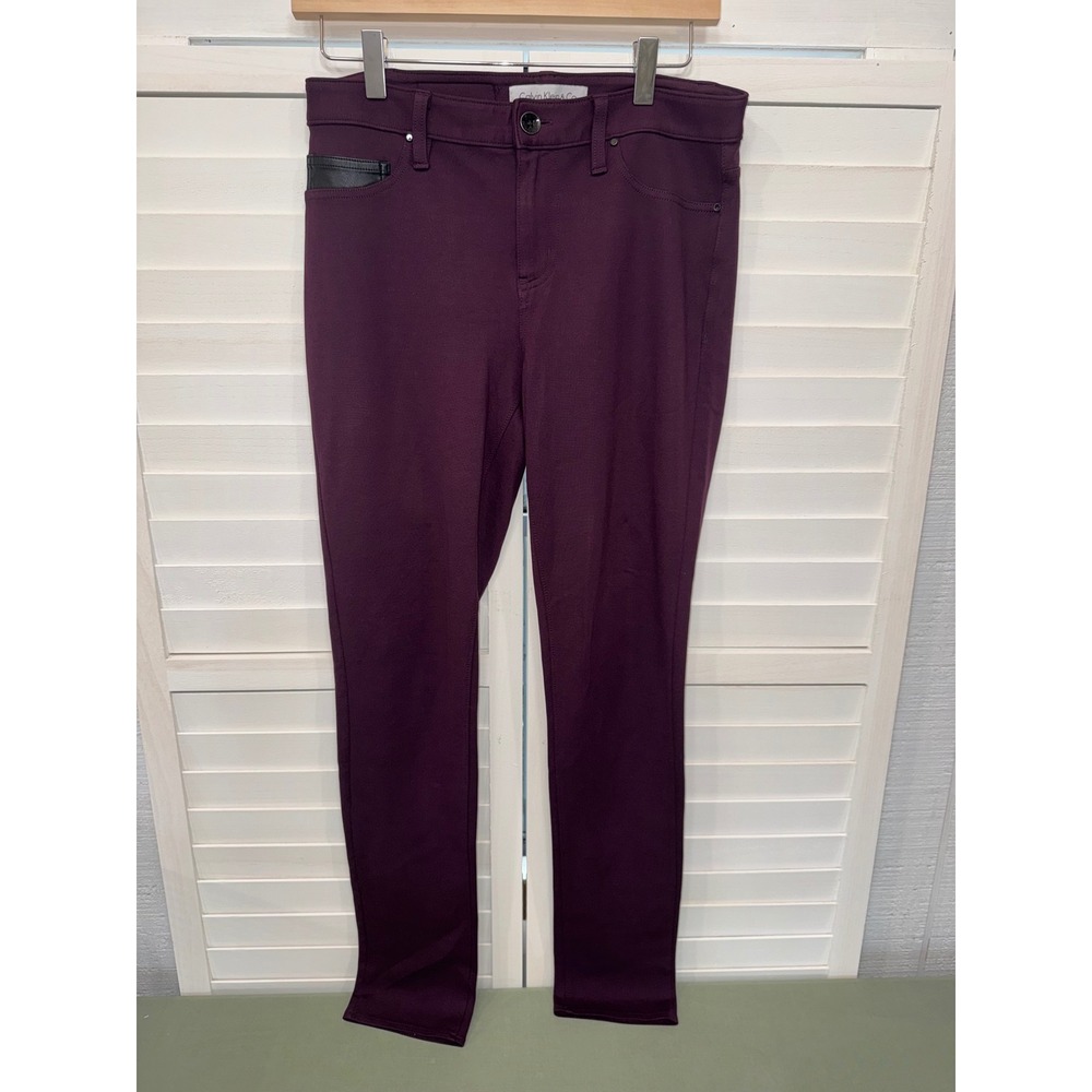 Calvin Klein Skinny Pants Women Plum Faux Leather Trim Size 6